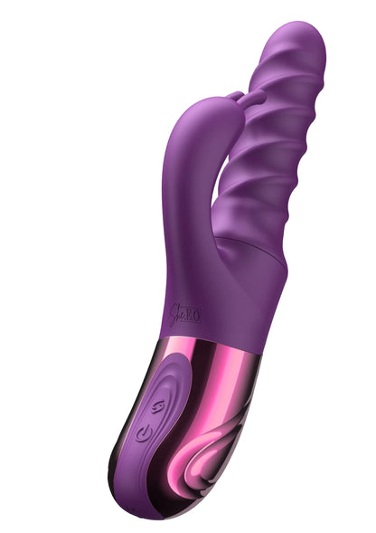 Swirl-konijnvibrator She.E.O., paars met roze/zwart onderpaneel en gebogen kop