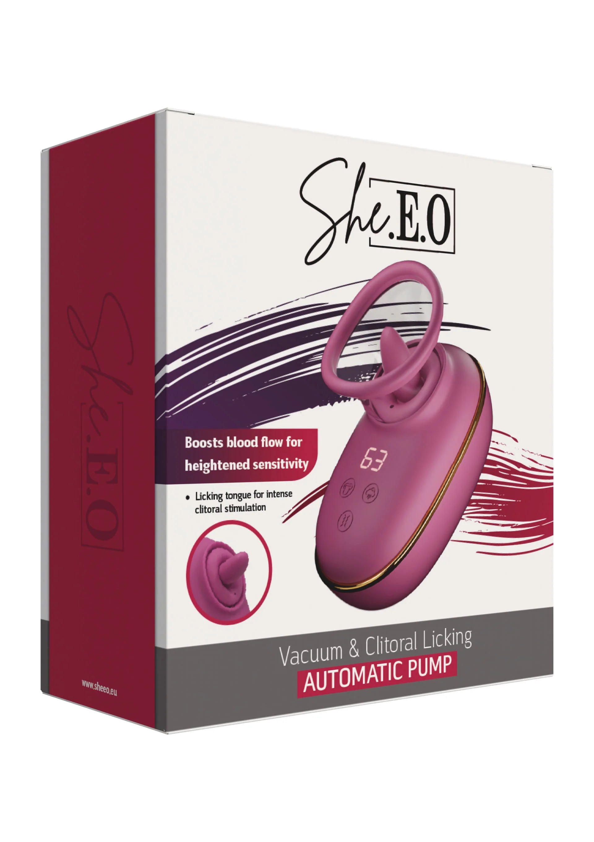 Verpakkingsdoos She.E.O. met logo en afbeelding van automatische vacuüm likpomp