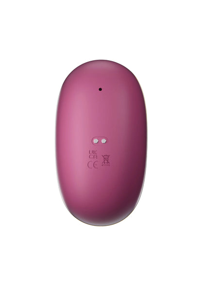 Paarse ovale automatische pomp met keurings- en merkstickers aan de achterzijde