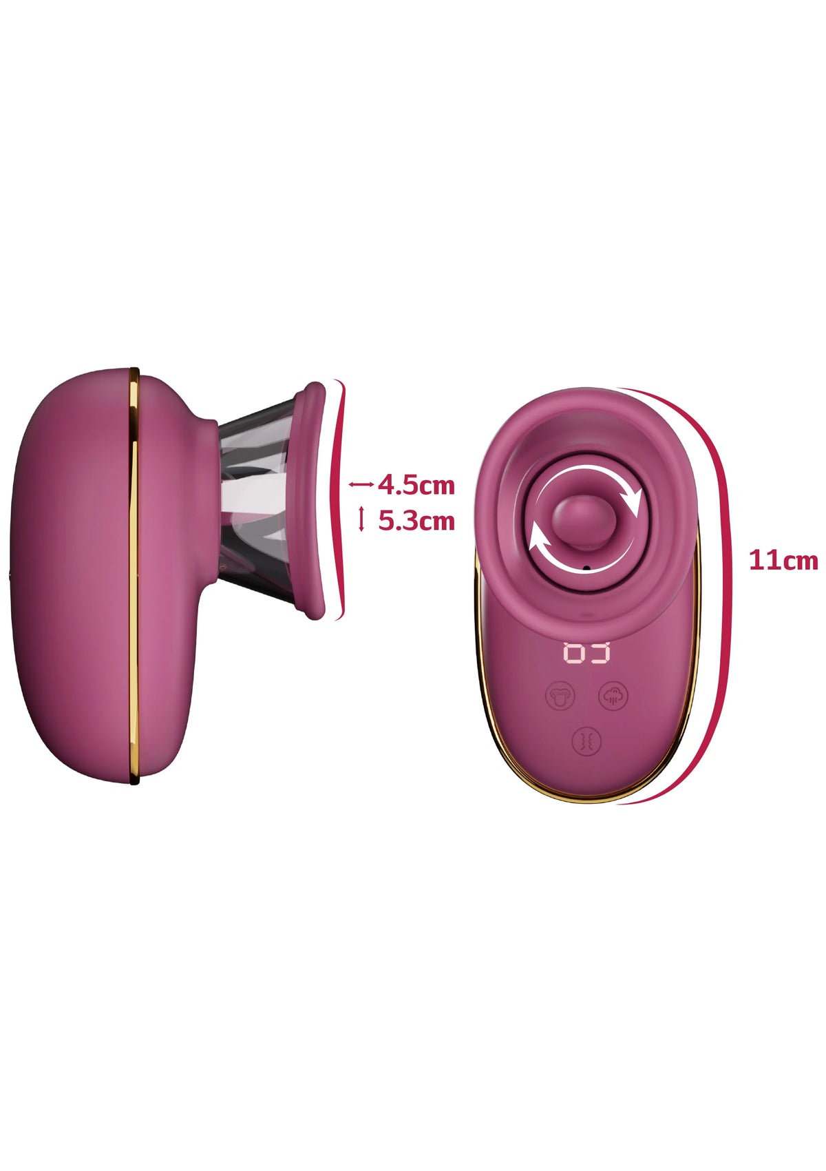 Roze vacuüm clitorale likpomp zijaanzicht met afmetingen 4,5 cm en 11 cm