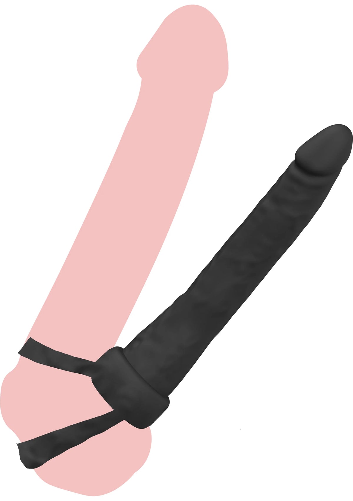 Dubbele anale dildo met twee zwarte ringen en een aansluitende band.