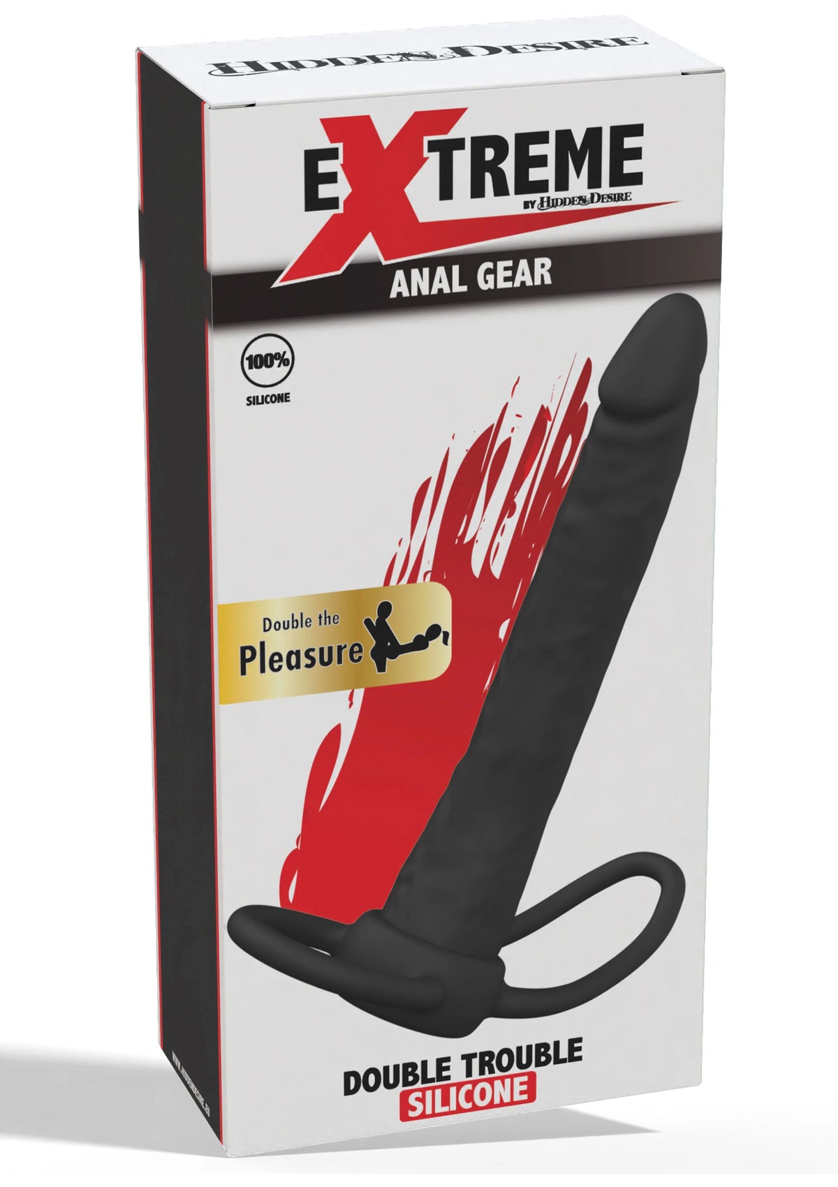 Xtreme anale gear verpakkingsdoos met zwarte dubbele siliconen penetrator.