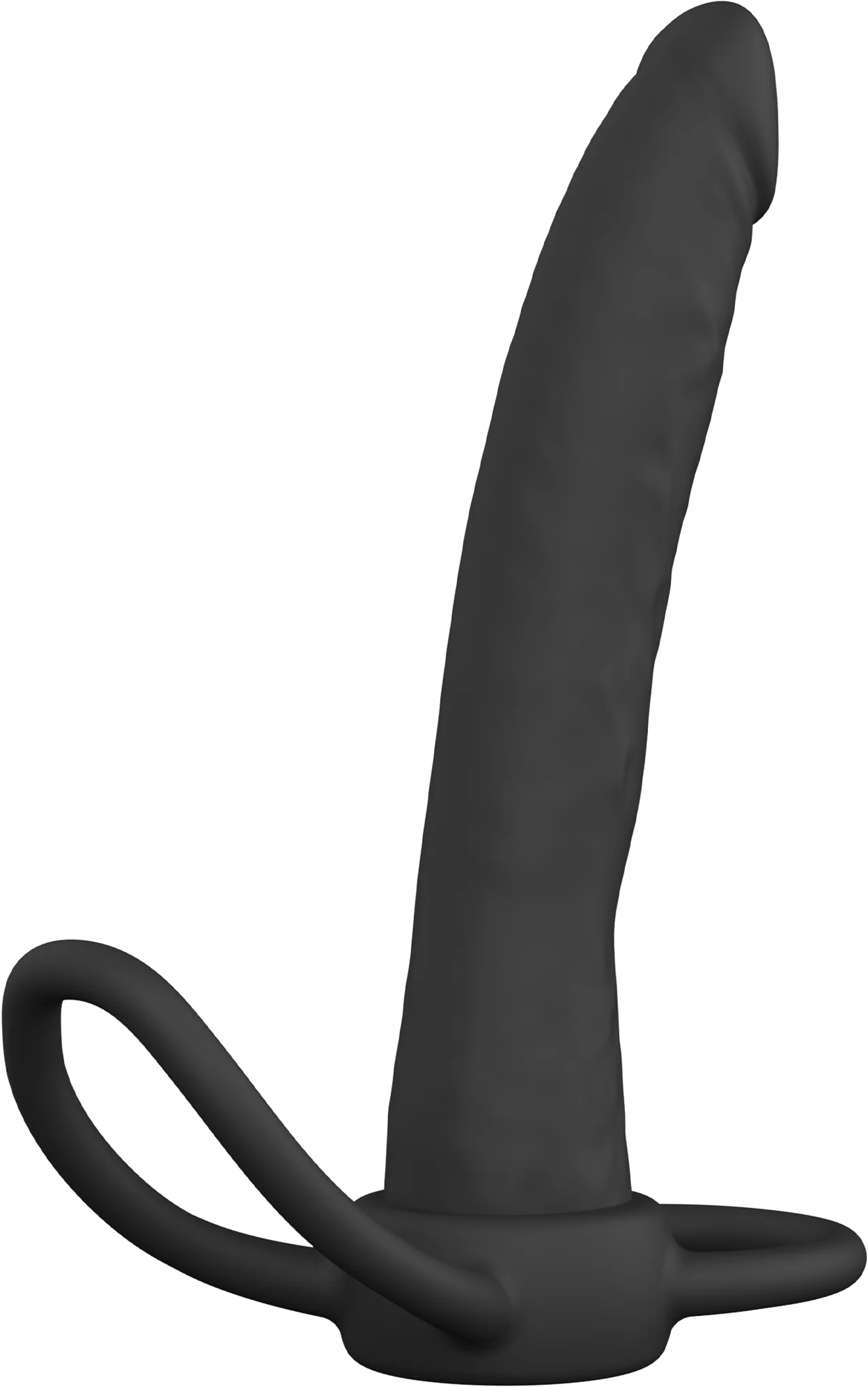 Zwarte anale penetrator met gebogen schacht, ovale ring en stevige basis.