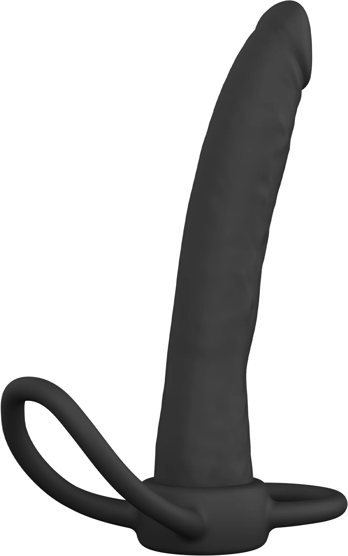 Zwarte anale penetrator met gebogen schacht, ovale ring en stevige basis.
