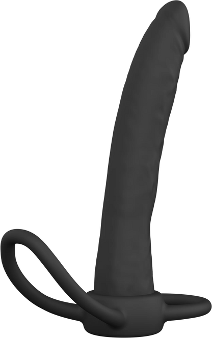 Zwarte anale penetrator met gebogen schacht, ovale ring en stevige basis.