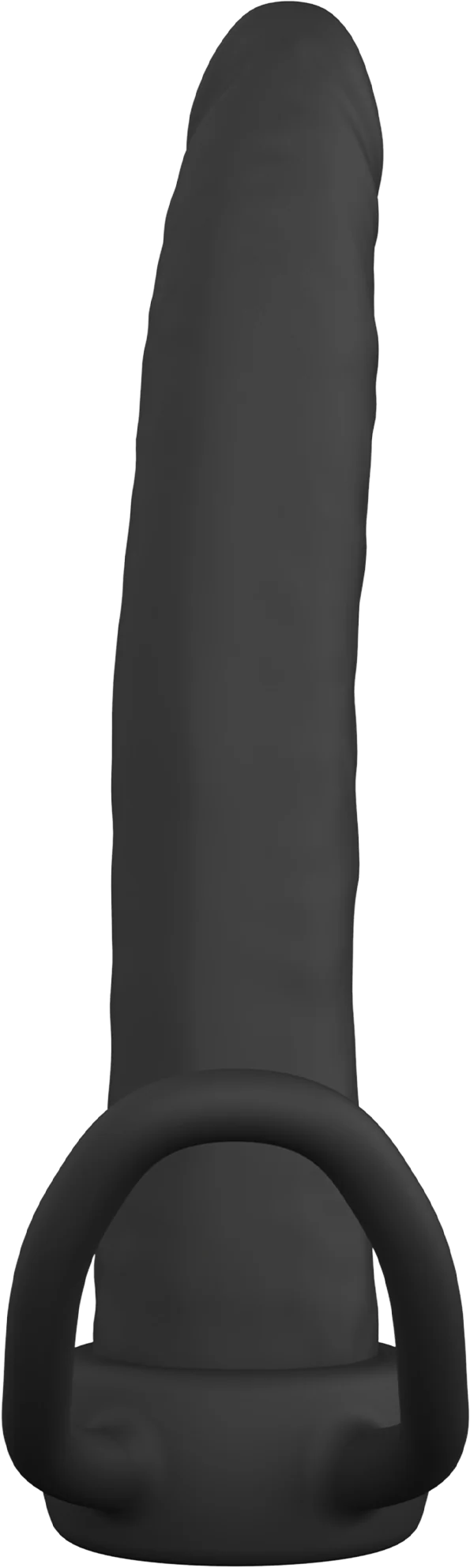Zwarte anale dildo met ringvormige greep en afgeronde voet.