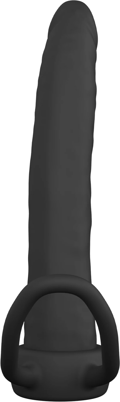 Zwarte anale dildo met ringvormige greep en afgeronde voet.