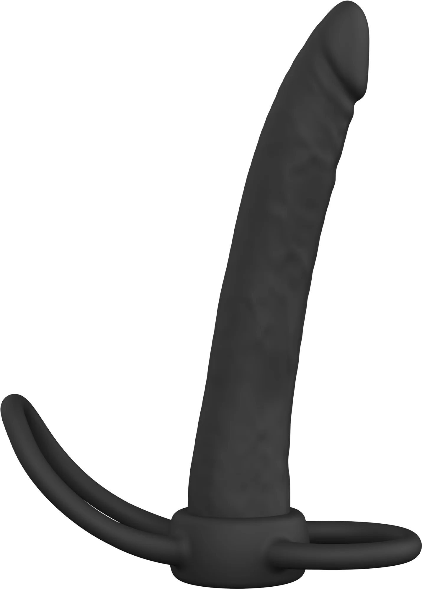 Zwarte anale dildo met gebogen schacht, dubbele ring en brede voet.