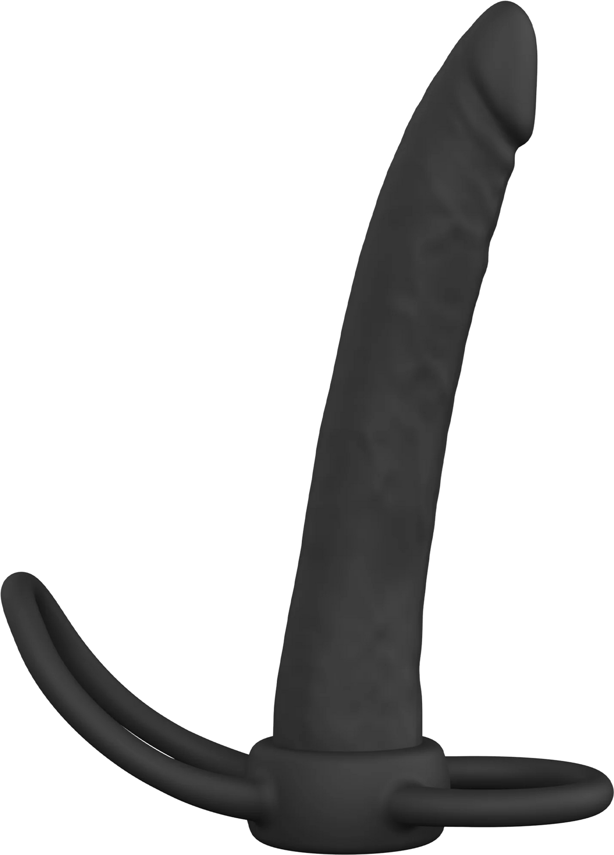 Zwarte anale dildo met gebogen schacht, dubbele ring en brede voet.