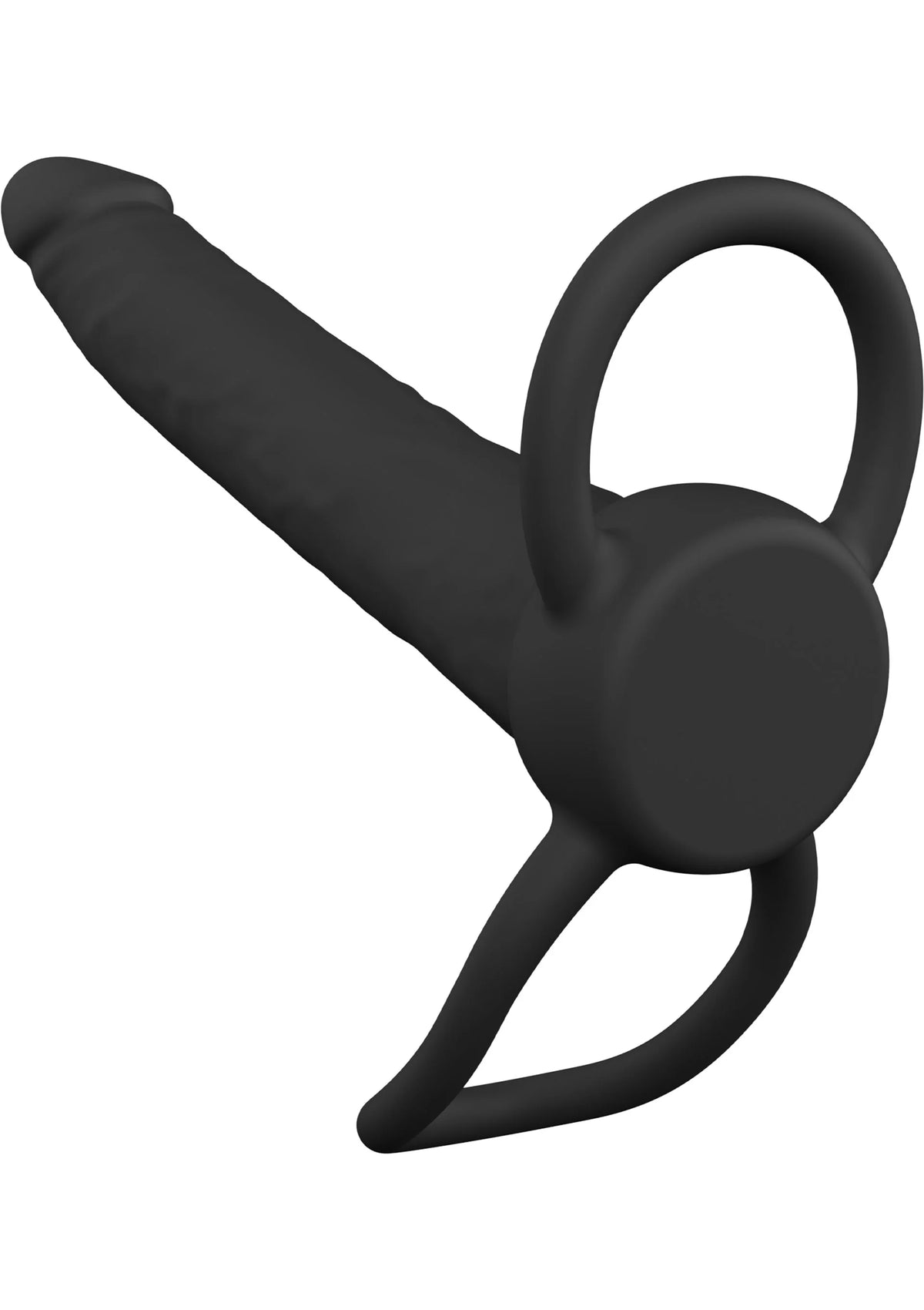 Zwarte anale penetrator met brede ronde ring en afgeronde basis.