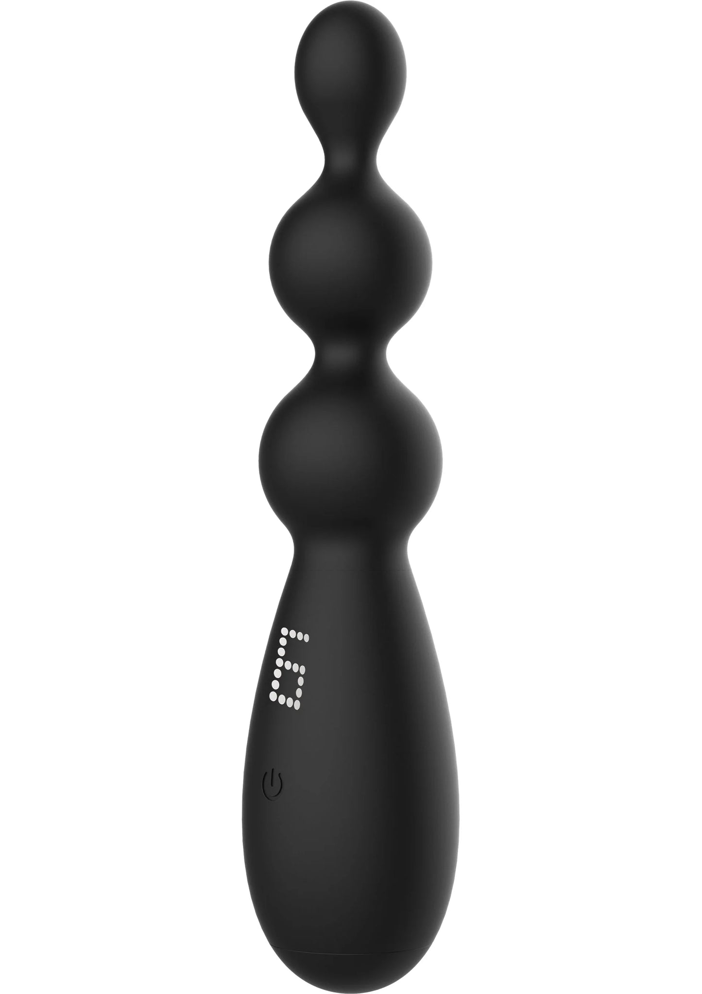 Zwarte anale vibrator met drie bollen en rijtje trilpuntjes bij de steel