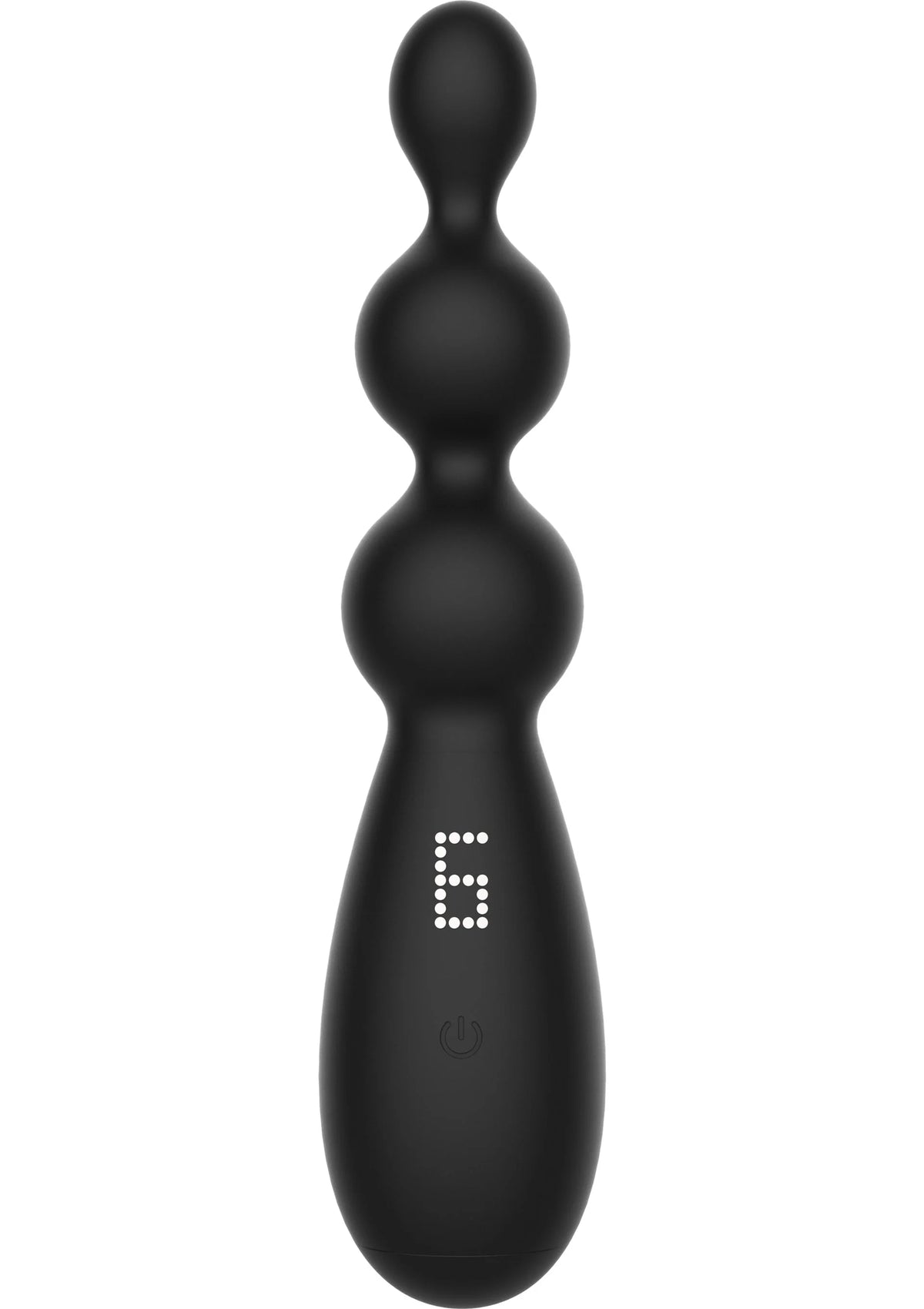 Zwarte anale vibrator met drie ronde bollen en onderkant met knop/pictogram.