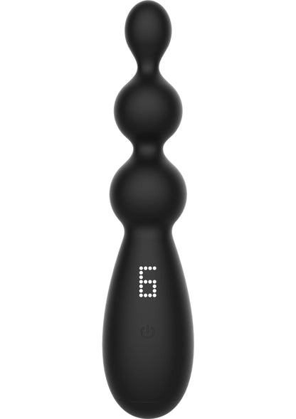 Zwarte anale vibrator met drie ronde bollen en onderkant met knop/pictogram.