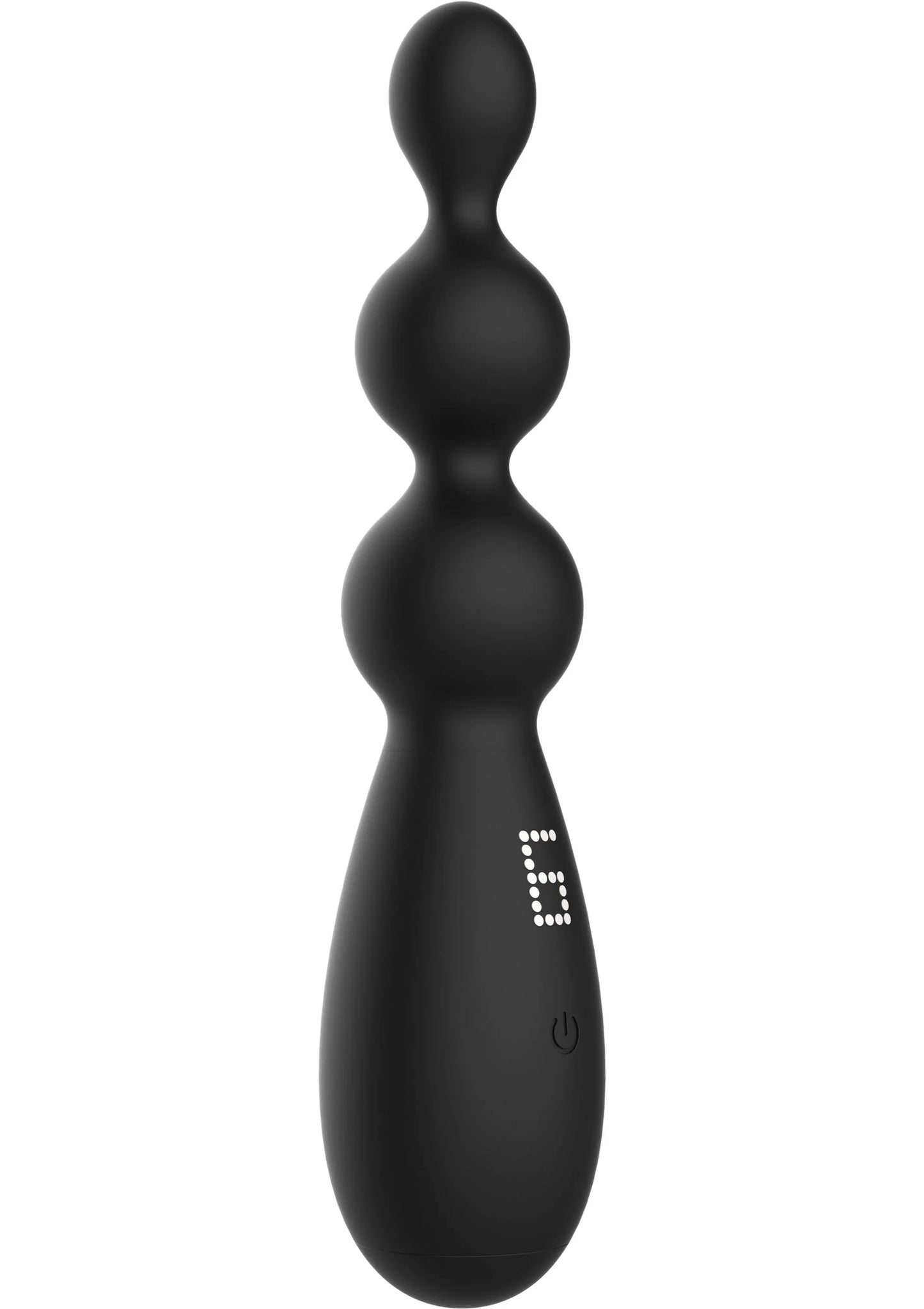 Zwarte anale vibrator met drie ronde bollen en bedieningsknop met logo aan zijkant.