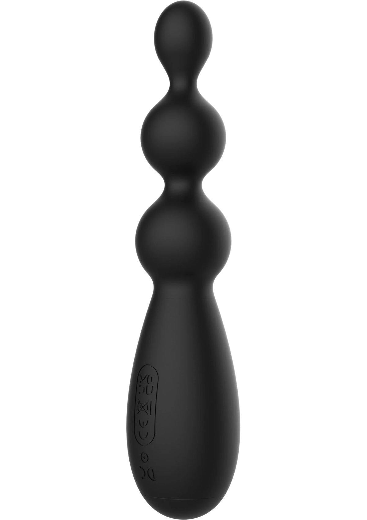 Zwarte anale vibrator met drie ronde bollen en knoppen/icoontjes op de zijkant.
