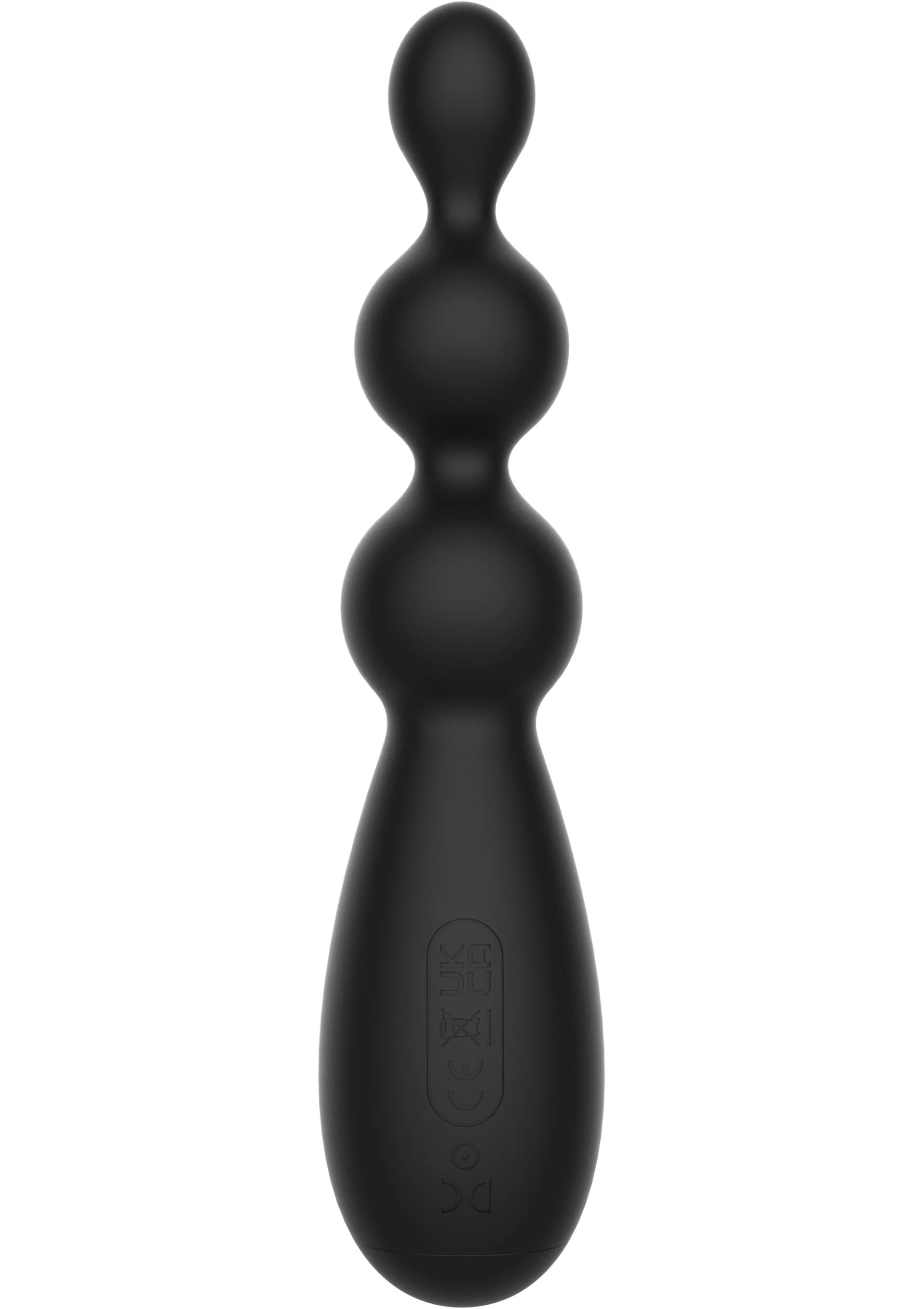 Zwarte anale vibrator met drie ronde bollen en grote bedieningsknop aan onderzijde.