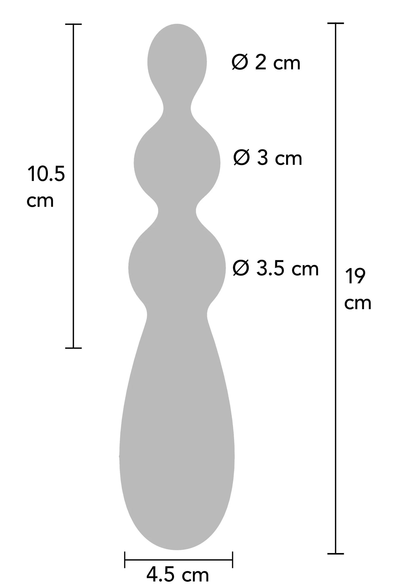 Afmetingendiagram: 19 cm hoog, Ø 2–3,5 cm en breedte 4,5 cm
