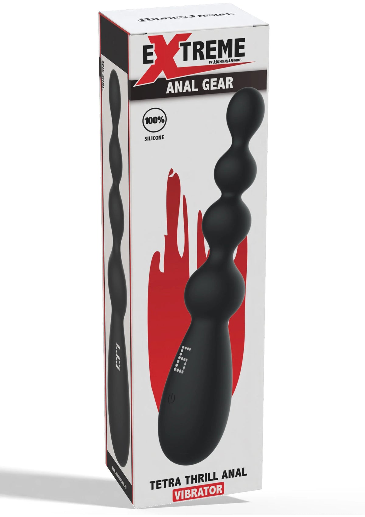Doos van Hidden Desire Extreme Anal Gear tetra thrill anal vibrator met zwarte siliconen.