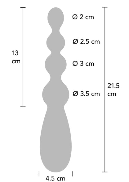 Afmetingsdiagram: 21,5 cm lang; diameters Ø2 tot Ø3,5 cm; basis Ø4,5 cm.