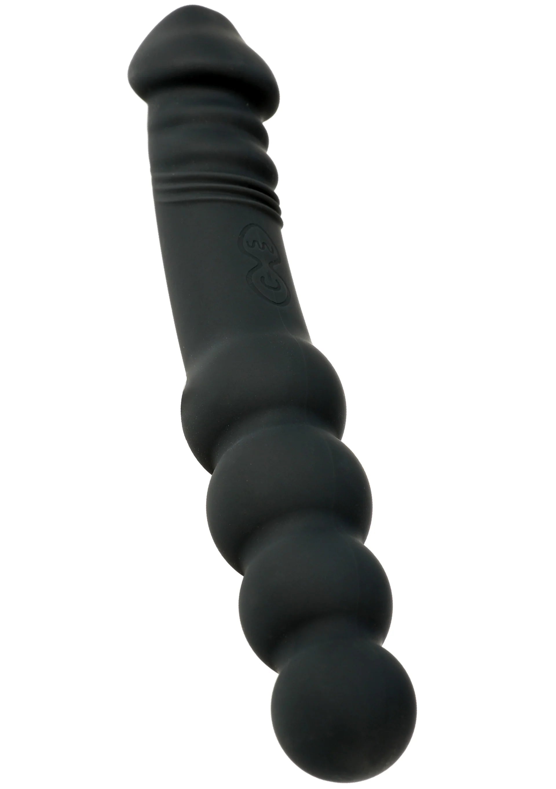 Zwarte dual-sided anale vibrator met geribbelde grip en bolvormige uiteinden