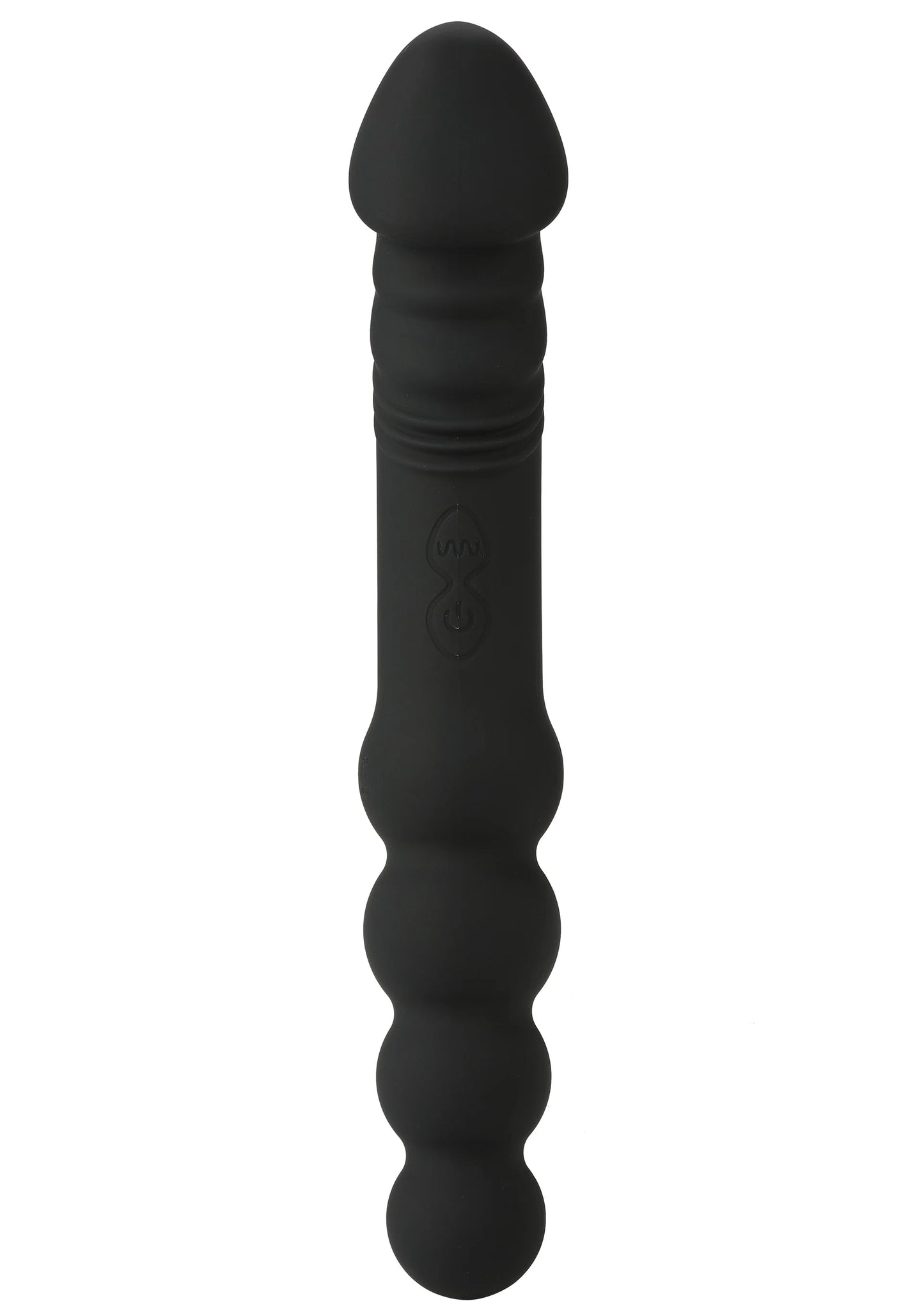 Zwarte siliconen anale vibrator met conische top en geribbelde schacht