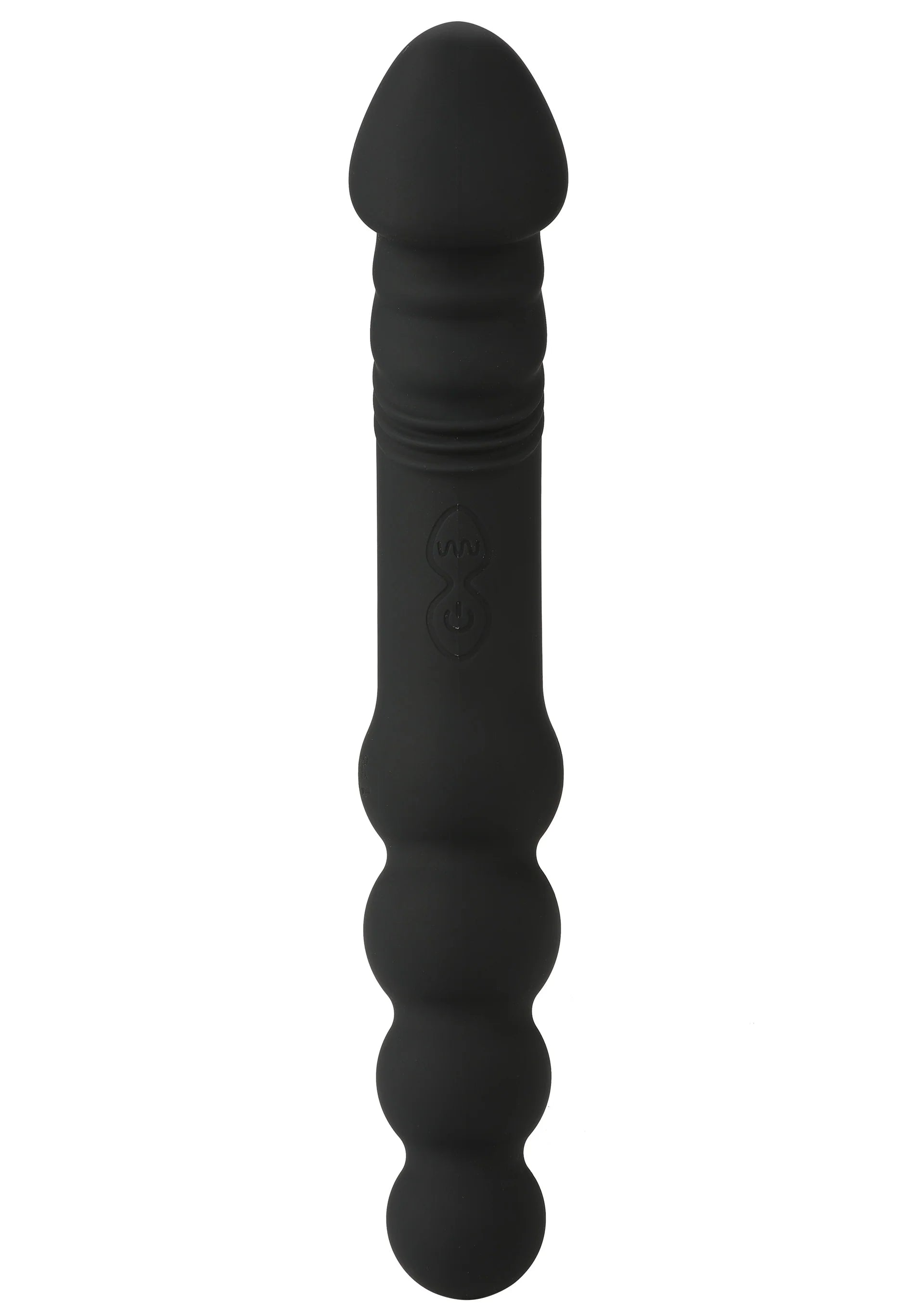 Zwarte siliconen anale vibrator met conische top en geribbelde schacht