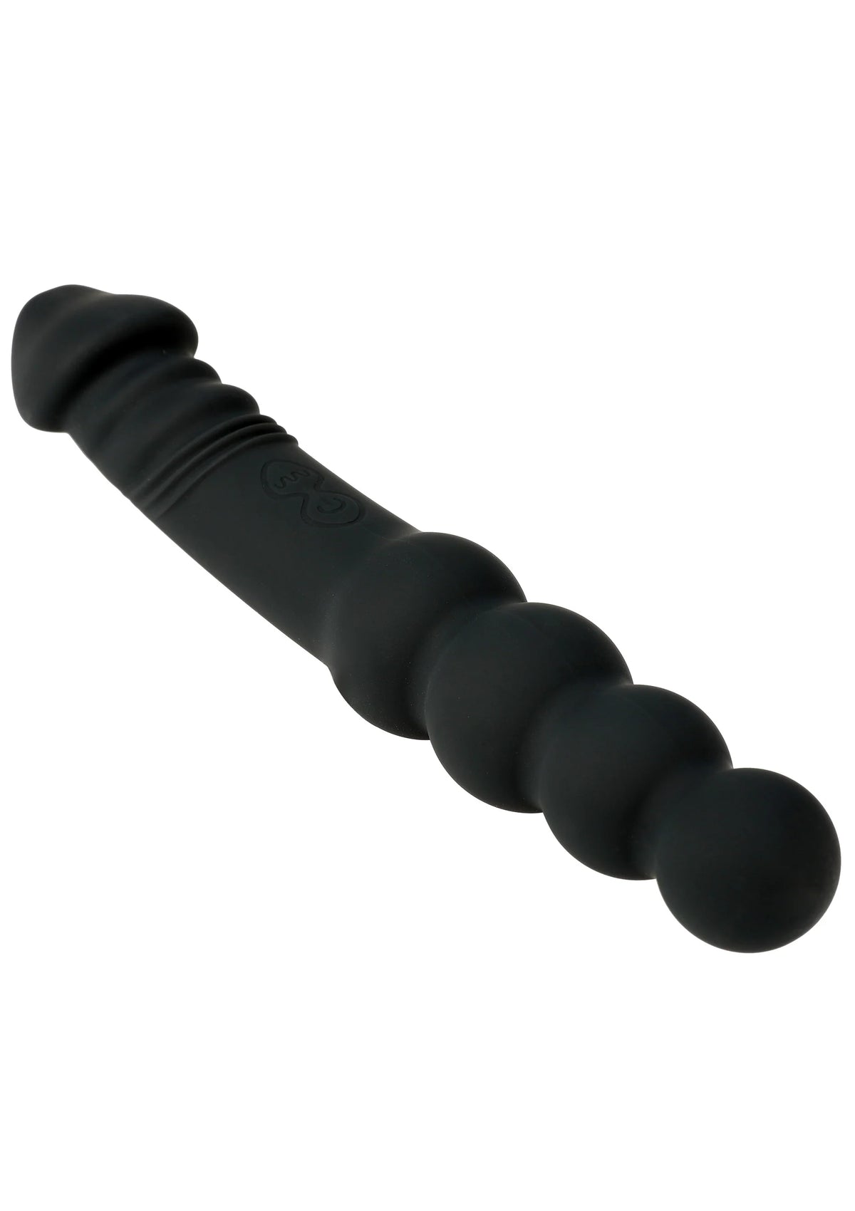 Zwarte siliconen anale vibrator, gebogen, met drie verdikkingen over de lengte