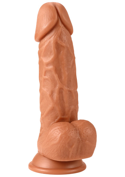 Realistische PVC-dildo van 21 cm, zijaanzicht met brede onderkant en textuur