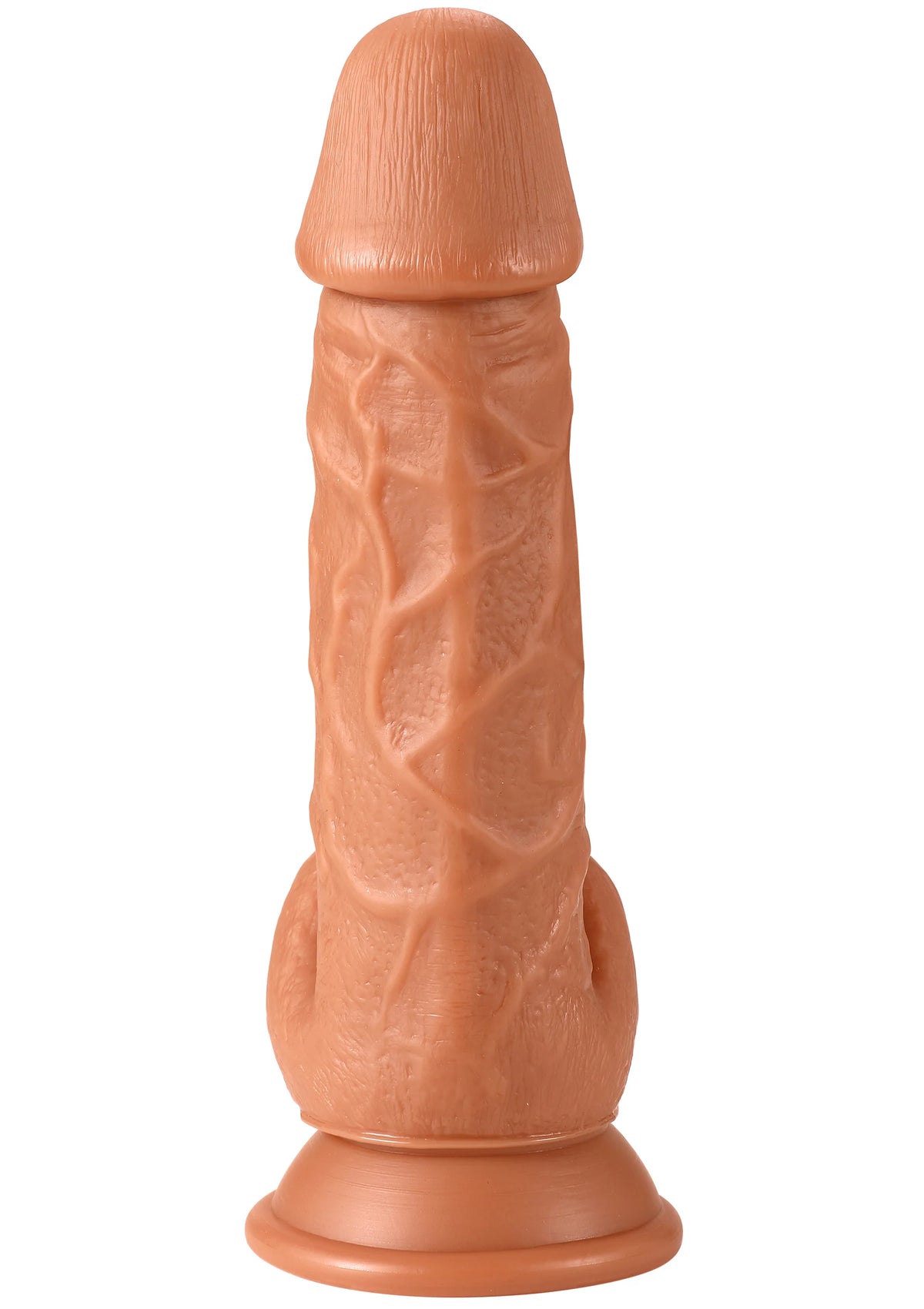 Realistische PVC-dildo van 21 cm, vooraanzicht met ronde basis
