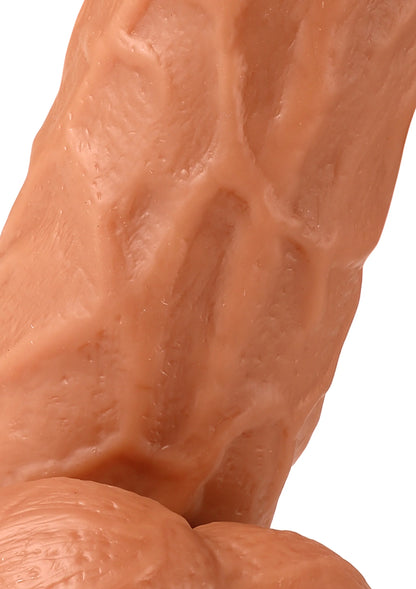 Close-up van het reliëf op een realistische PVC-dildo met brede onderkant