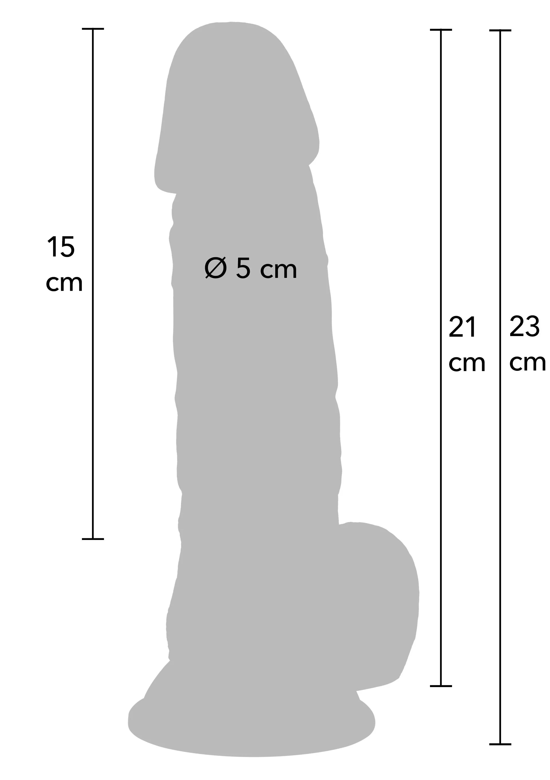 Maattekening dildo: 15 cm, Ø5 cm, 21 cm en 23 cm hoog.