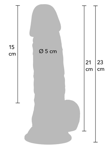 Maattekening dildo: 15 cm, Ø5 cm, 21 cm en 23 cm hoog.