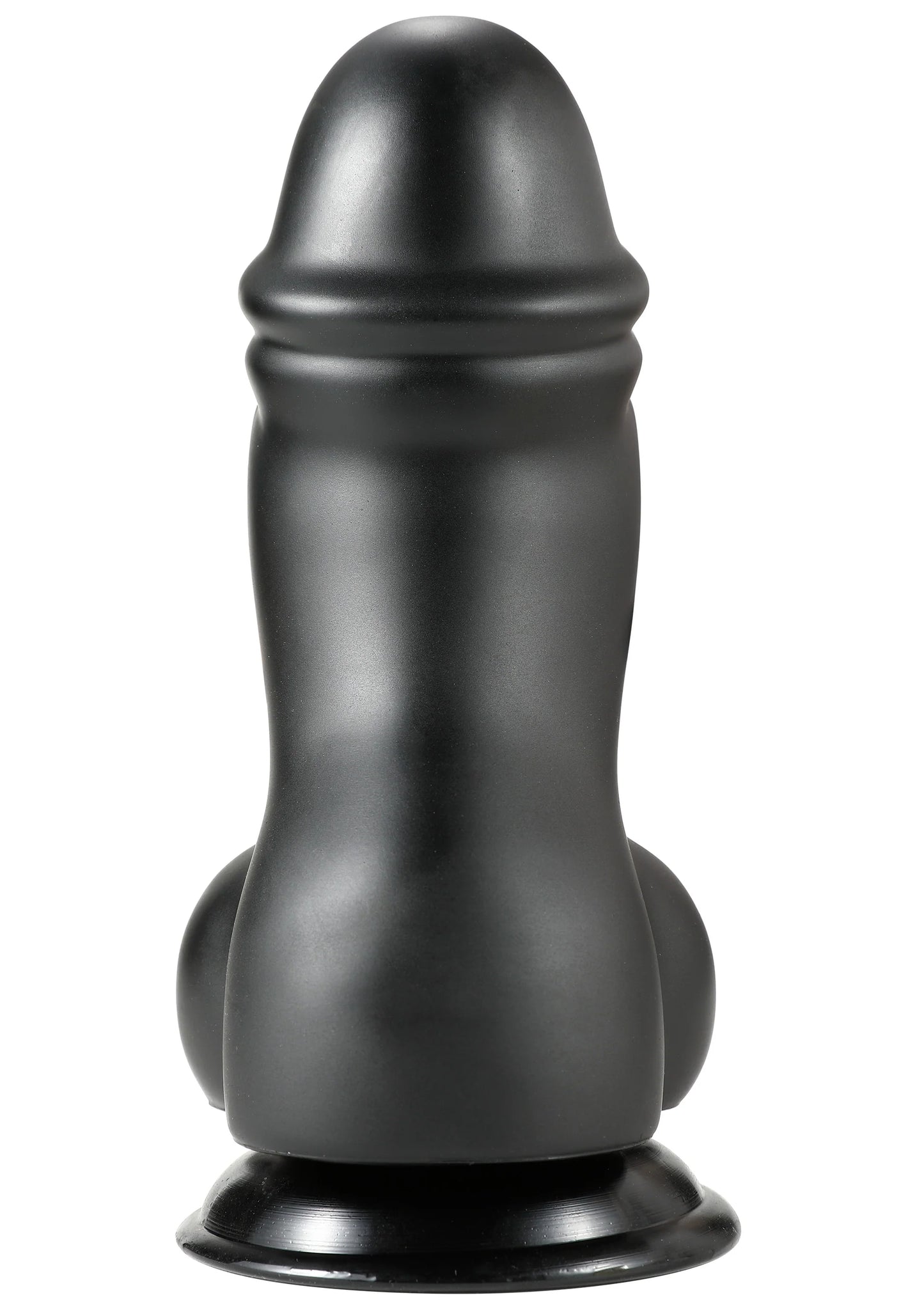 Zwarte PVC-dildo met brede voet en afgeronde top, glad oppervlak.
