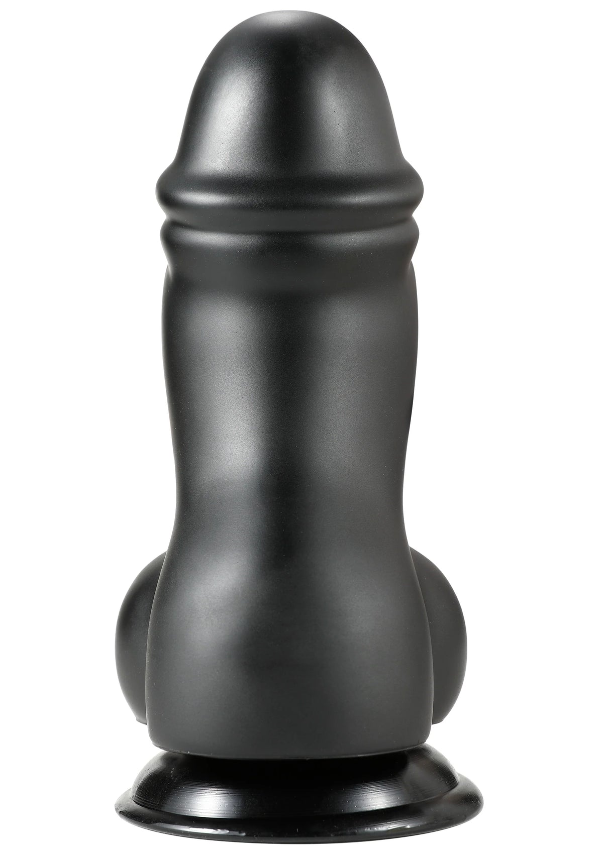 Zwarte PVC-dildo met brede voet en afgeronde top, glad oppervlak.
