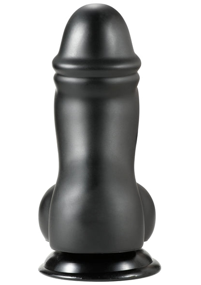 Zwarte PVC-dildo met brede voet en afgeronde top, glad oppervlak.