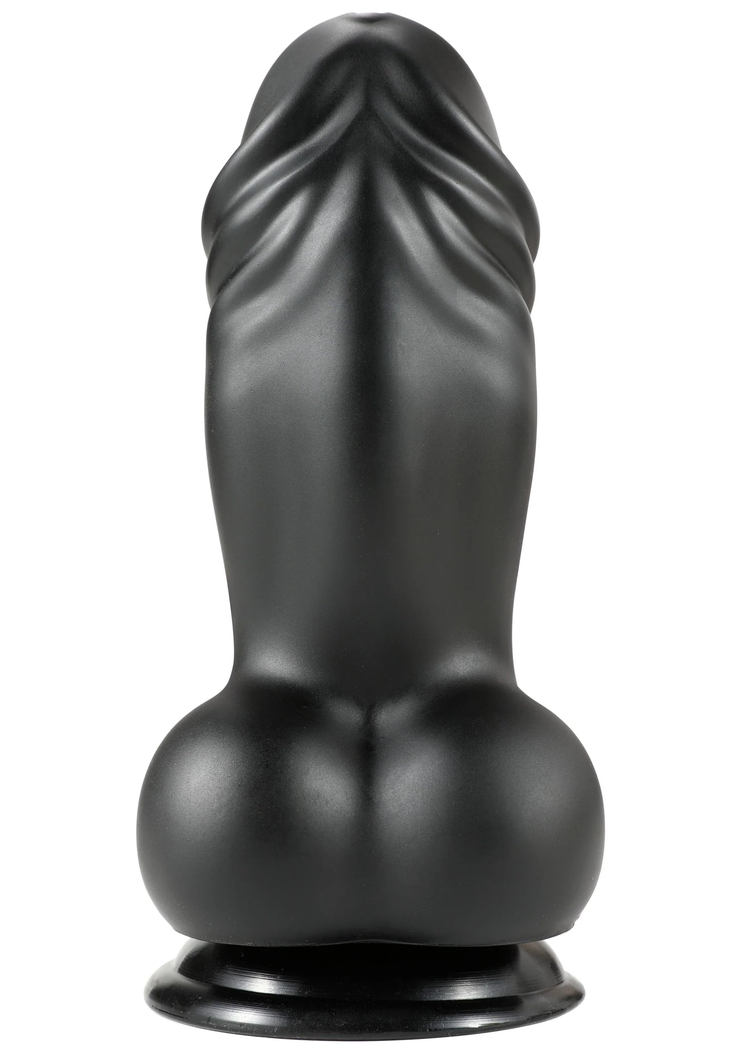 Zwarte PVC-dildo met geprofileerde ribbels bovenaan en brede voet.