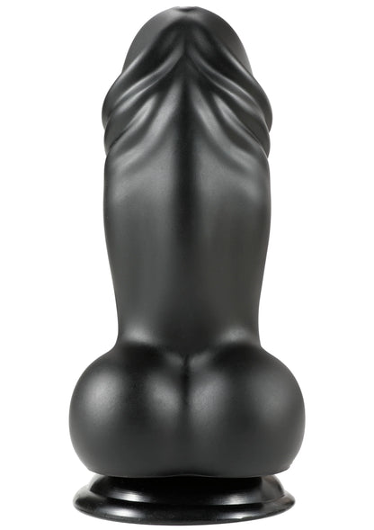 Zwarte PVC-dildo met geprofileerde ribbels bovenaan en brede voet.