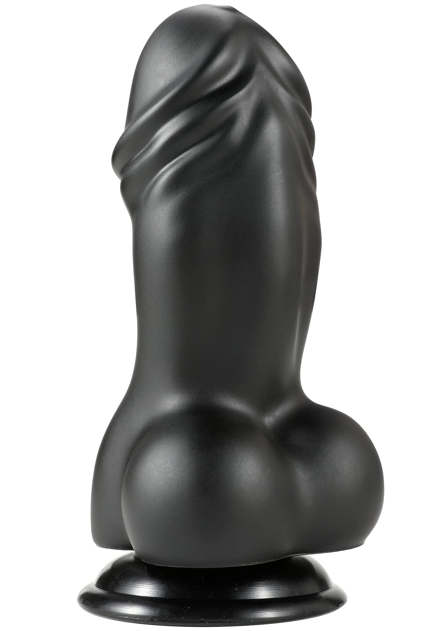 Zwarte PVC-dildo met taps toelopende schacht en brede voet, gladde textuur.