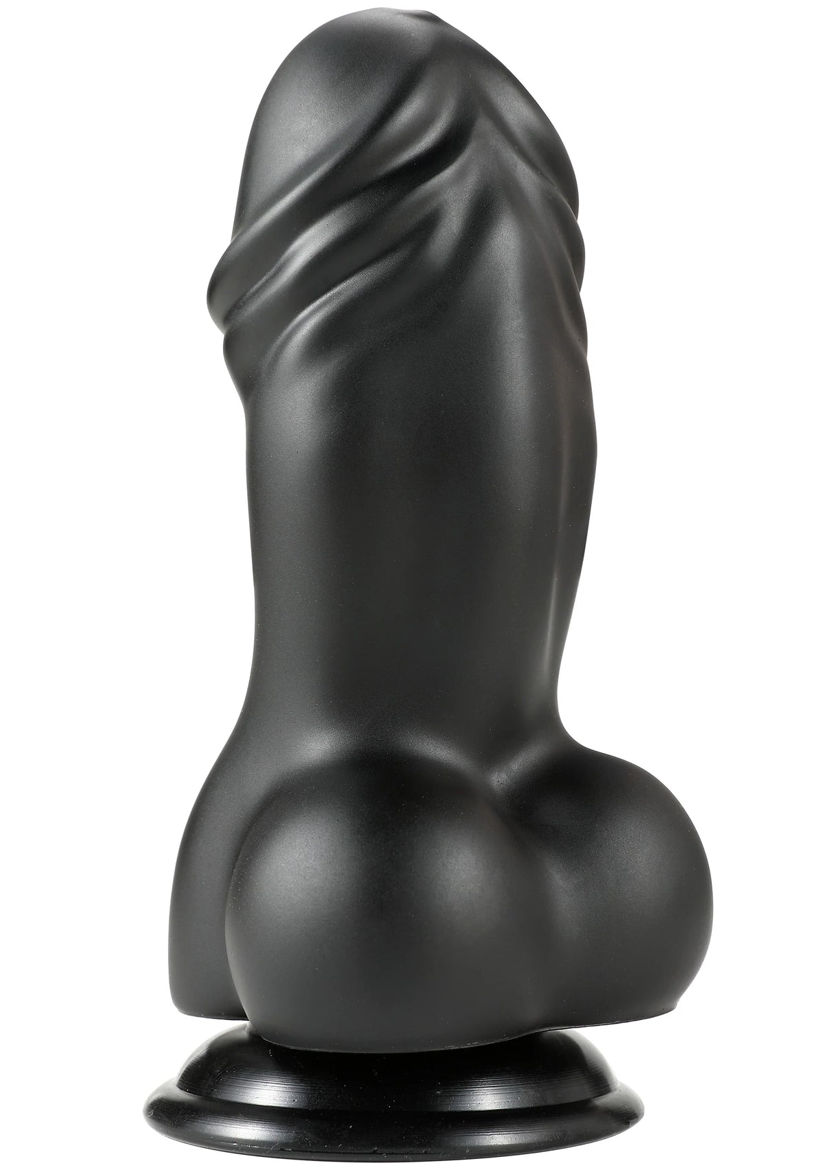 Zwarte PVC-dildo met taps toelopende schacht en brede voet, gladde textuur.
