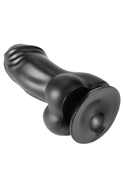 Zwarte PVC-dildo met ronde opening en brede basis, gepolijst uiterlijk.