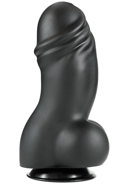 Zwart PVC-seksspeeltje met golvende ribbels bovenaan en zuignapbasis