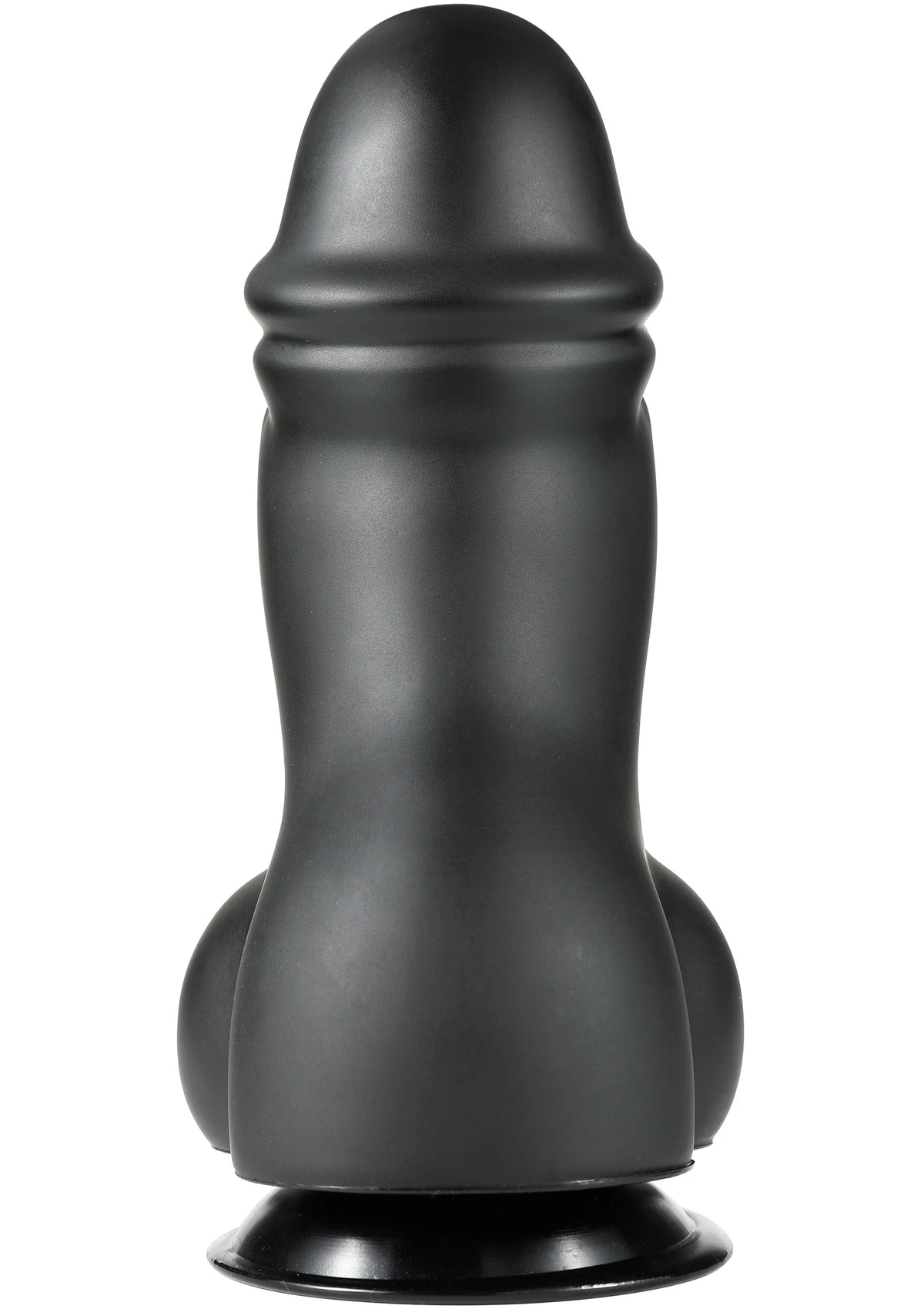 Zwarte PVC-dildo van 27 cm met brede voet en gladde, ronde top.