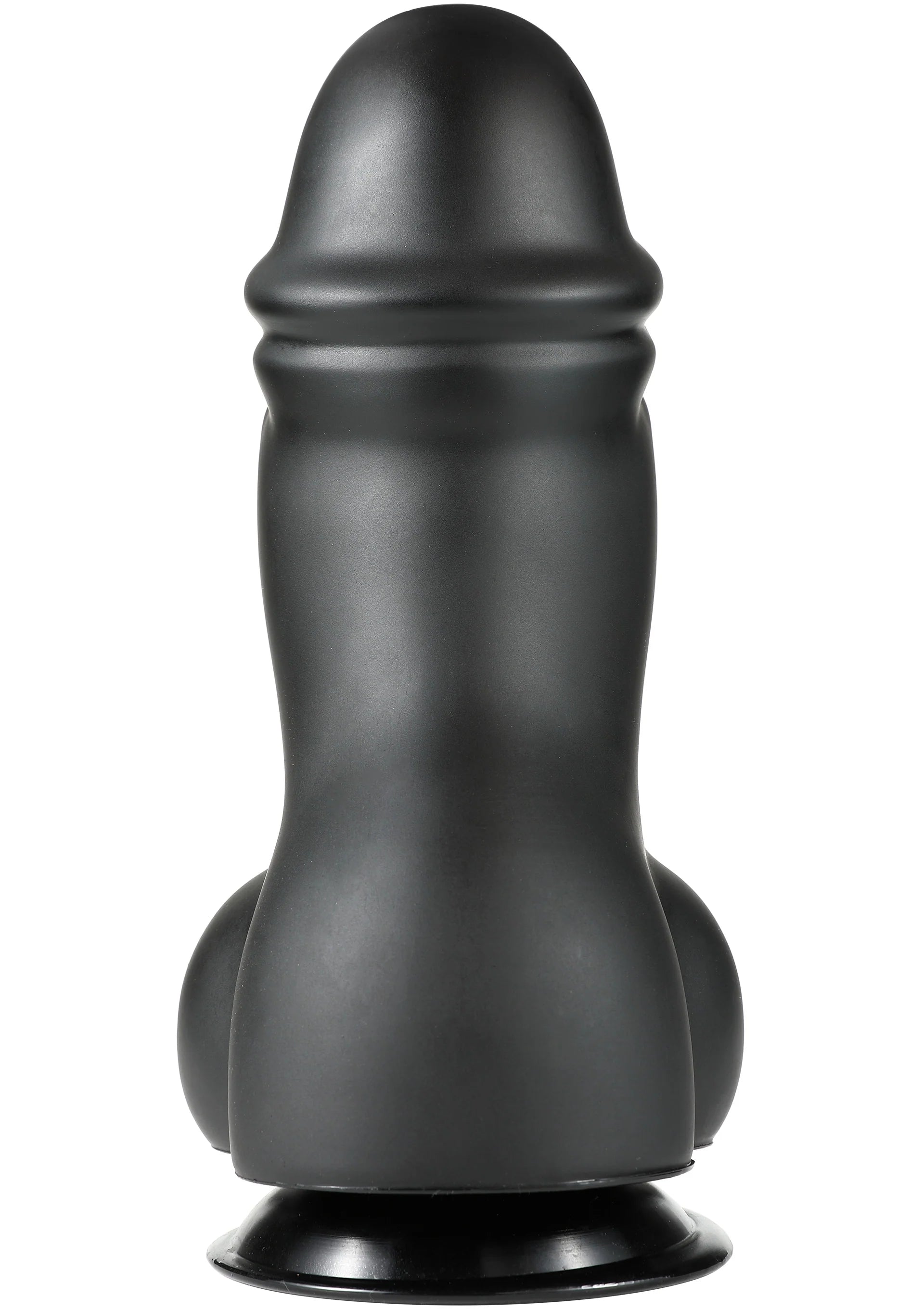 Zwarte PVC-dildo van 27 cm met brede voet en gladde, ronde top.