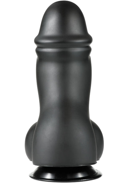 Zwarte PVC-dildo van 27 cm met brede voet en gladde, ronde top.