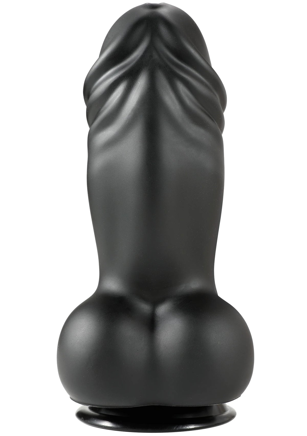 Zwarte PVC-dildo met gebogen schacht en afgeronde basis; glanzende afwerking.