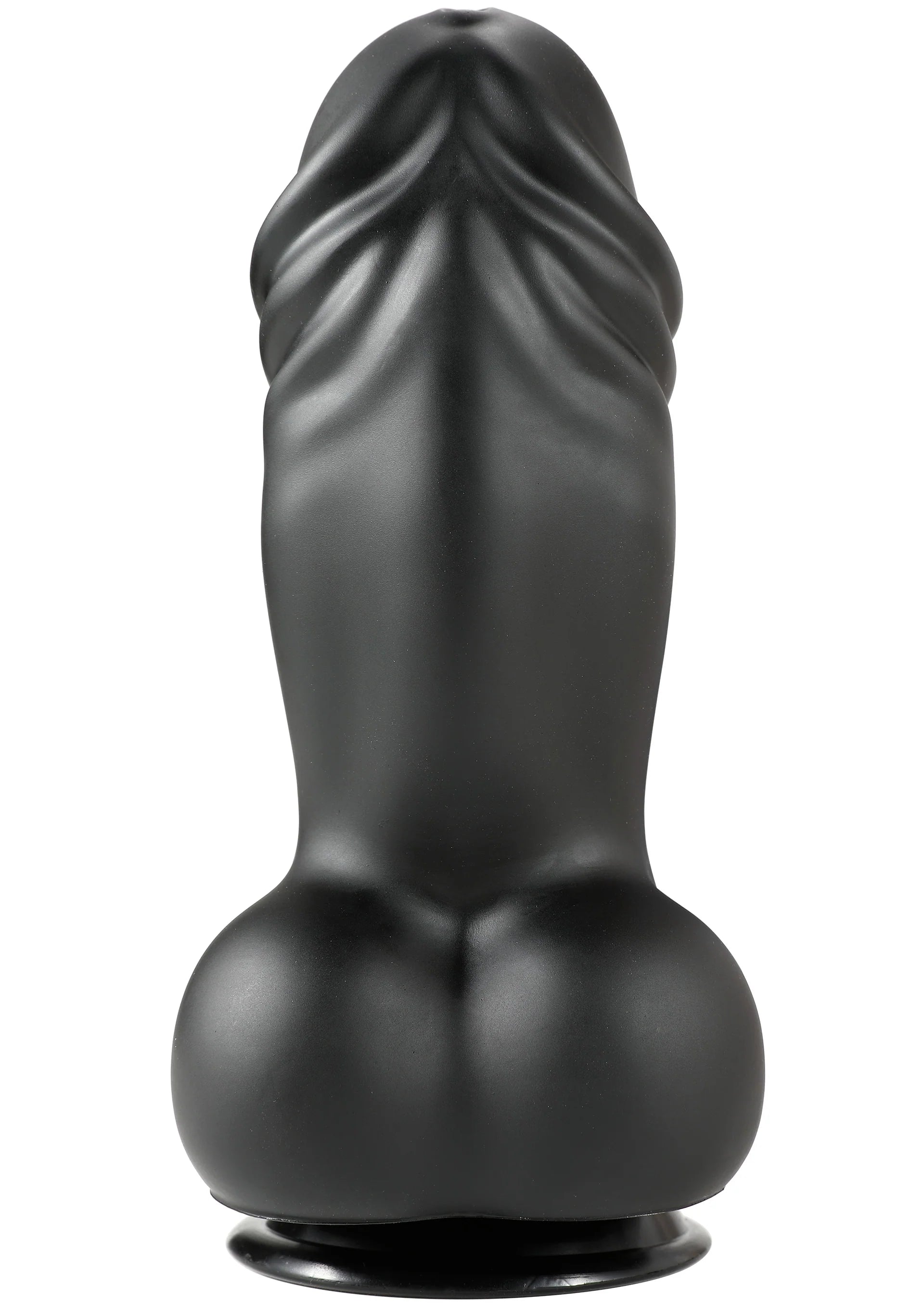 Zwarte PVC-dildo met gebogen schacht en afgeronde basis; glanzende afwerking.