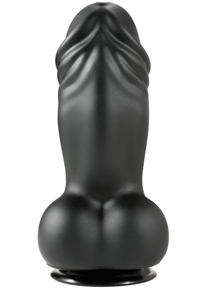 Zwarte PVC-dildo met gebogen schacht en afgeronde basis; glanzende afwerking.