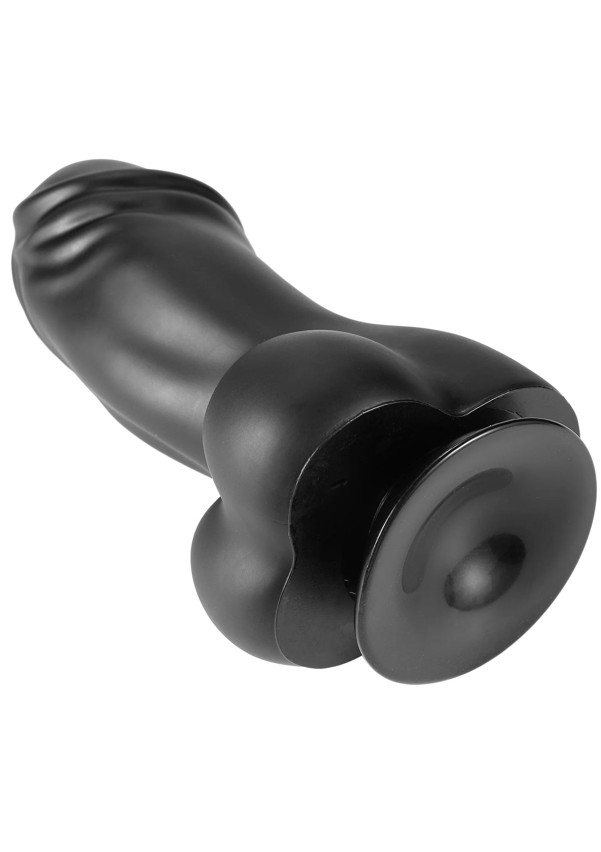 Zwarte PVC-dildo met ronde holte aan de onderkant en brede, bolvormige kop.