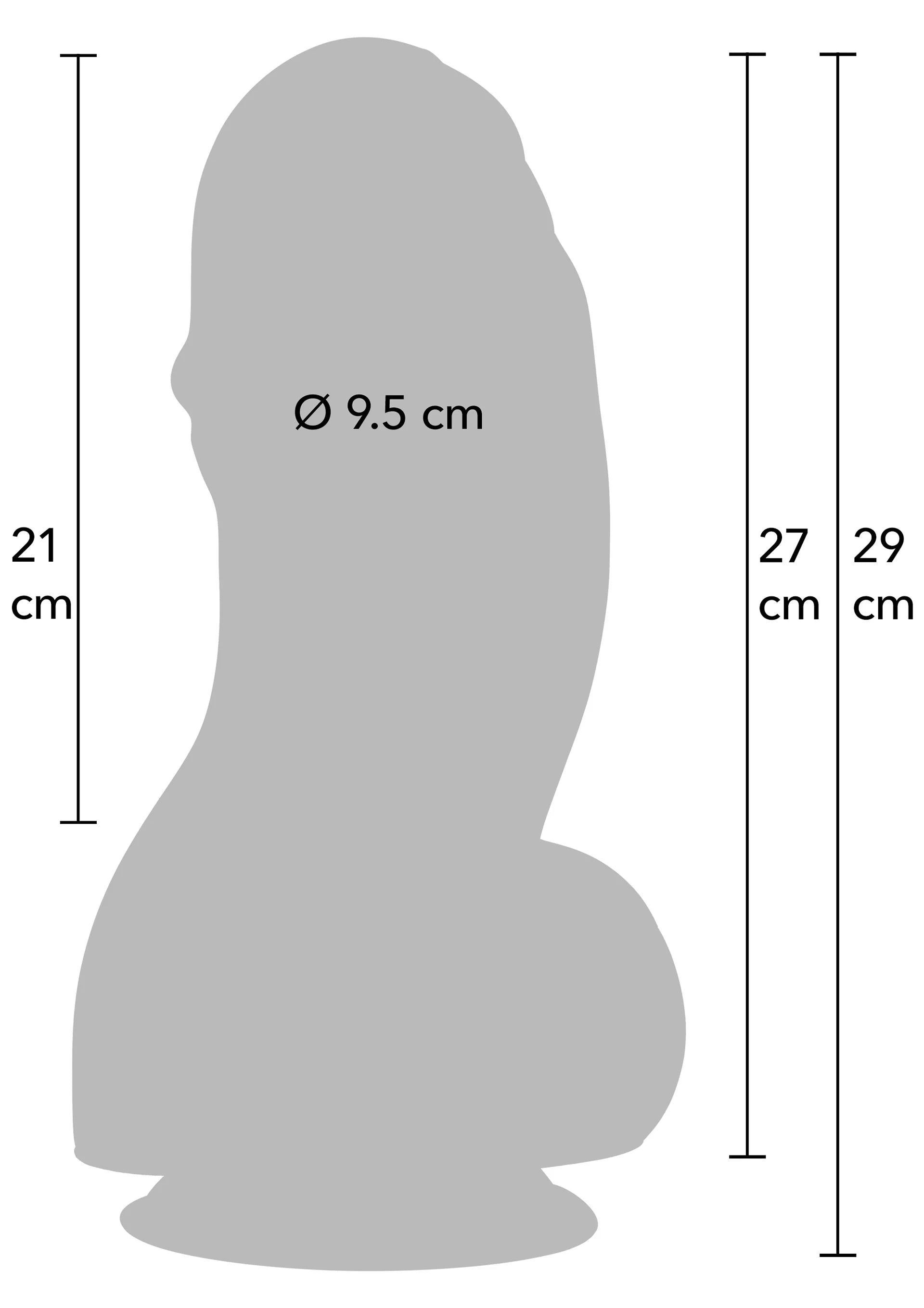 Maattekening: silhouet van PVC-seksspeeltje, Ø9,5 cm; 21 cm hoog; 27/29 cm