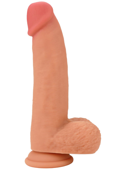Realistische siliconen dildo, roze-oranje tint, gebogen met brede voet